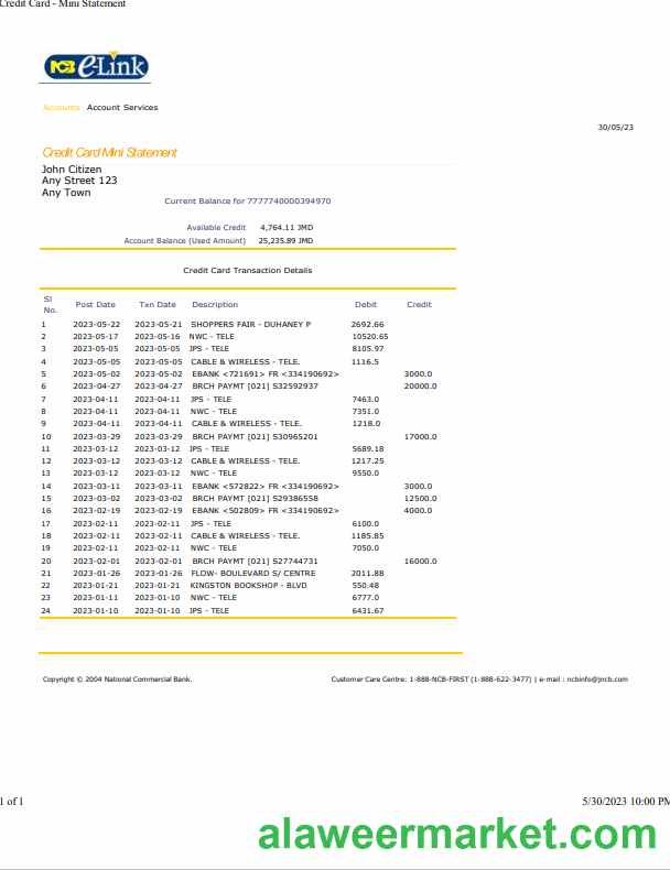Jamaica National Commercial Bank statement Word and PDF template